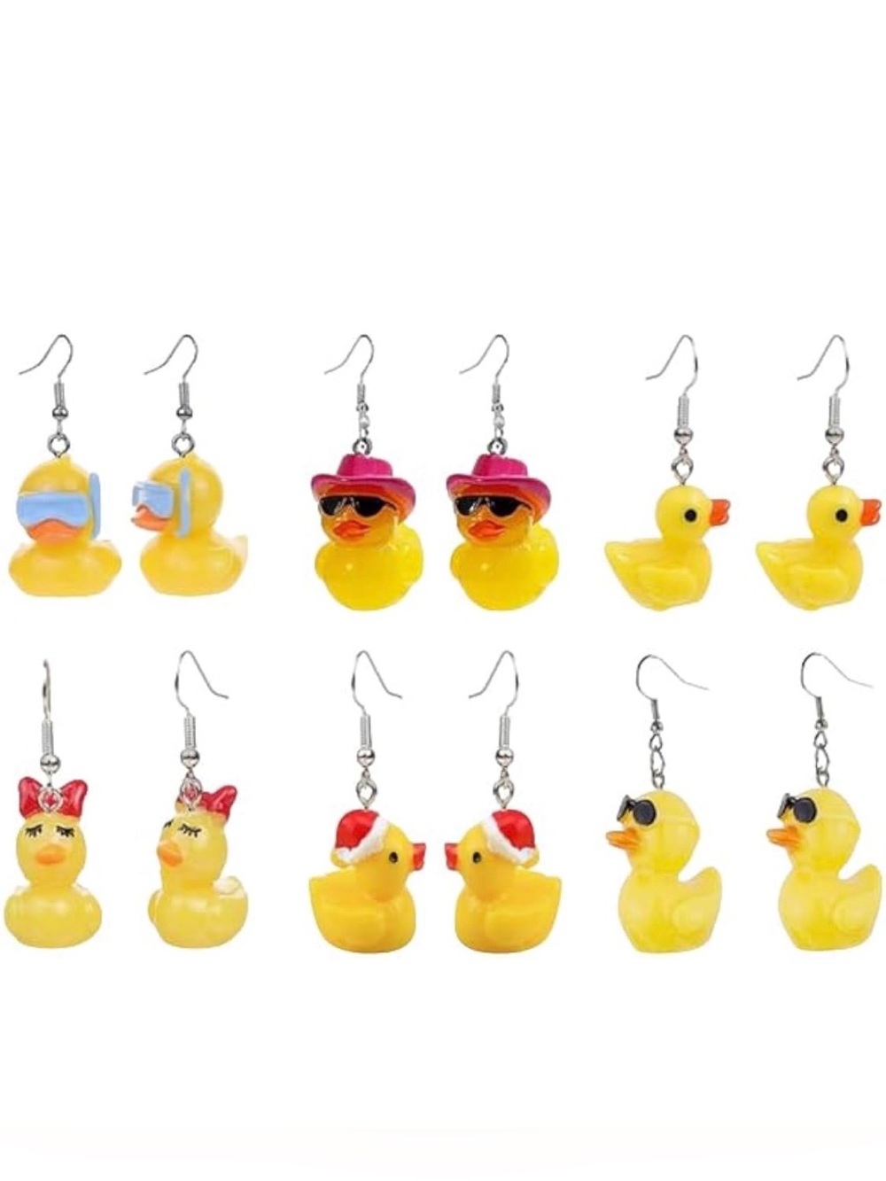 6 Pair Various Size Yellow Rubber Duck Earrings - Cute Earrings